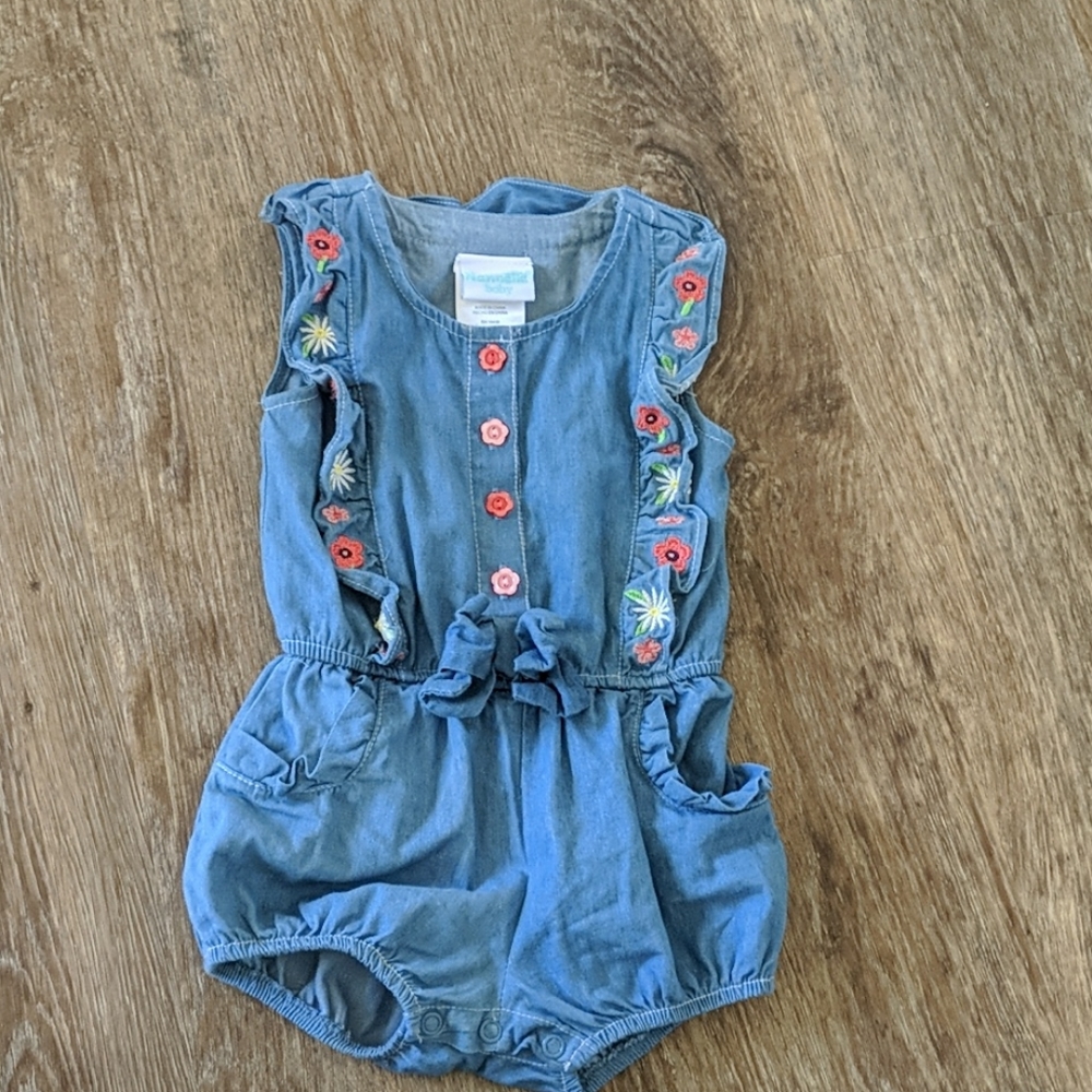 Embroidered chambray romper